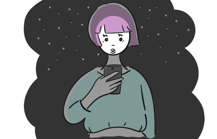 夜に歩きスマホをする女性のフリーイラスト素材 おしゃれでかわいい