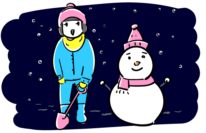 夜の雪だるまと子供のフリーイラスト素材