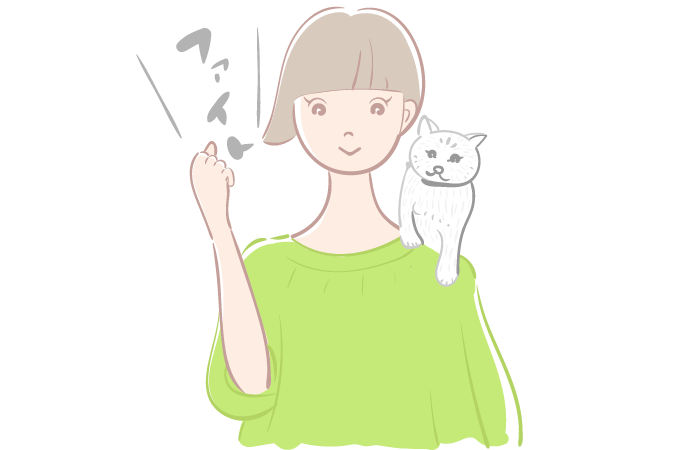 肩に猫を乗せて応援する女性の無料イラスト おしゃれでかわいい