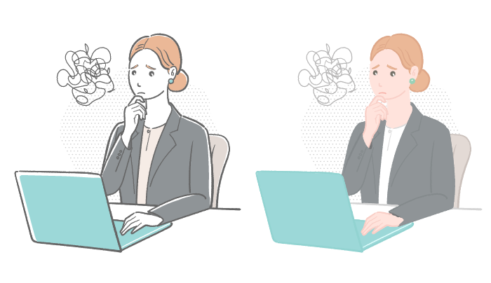 女性会社員がノートパソコンの前で顎に手を当てて悩んでいるイラスト