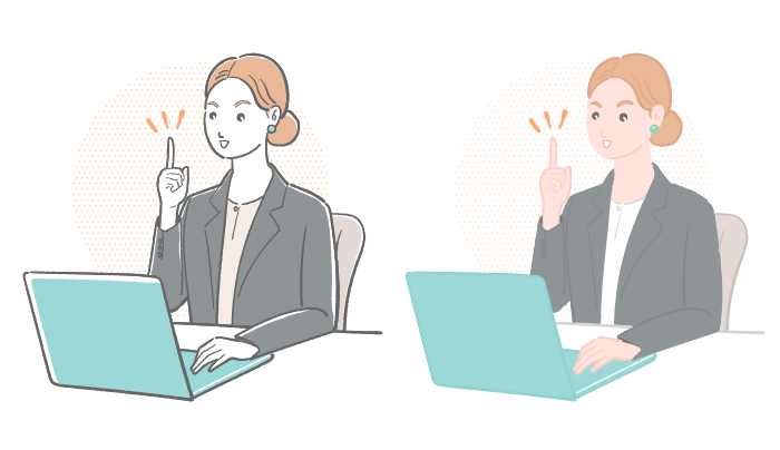 女性会社員がノートパソコンの前で指を立てて何かひらめいたイラスト