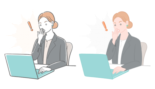 女性会社員がノートパソコンの前で口に手を当てて驚いているイラスト