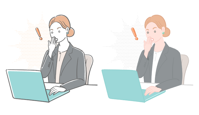 女性会社員がノートパソコンの前で口に手を当てて驚いているイラスト