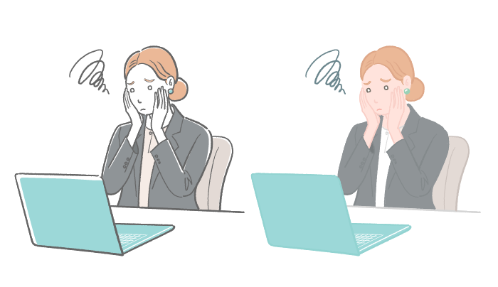 女性会社員がノートパソコンの前で両手を頬に当て悩んでいるイラスト