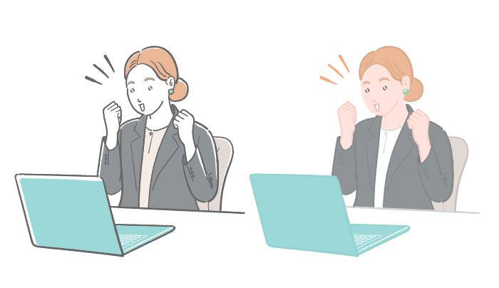 女性会社員がノートパソコンの前で小さくガッツポーズをして喜んでいるイラスト