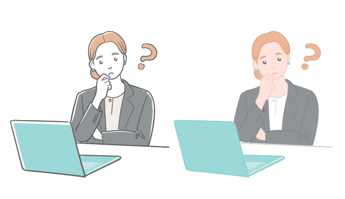 女性会社員がノートパソコンの前で顎に手をあてて悩んでいるイラスト