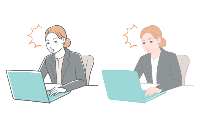 女性会社員がノートパソコンの前で前かがみになって驚いているイラスト
