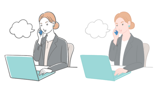女性会社員がノートパソコンの前で携帯電話で通話しているイラスト