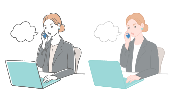 女性会社員がノートパソコンの前で携帯電話で通話しているイラスト