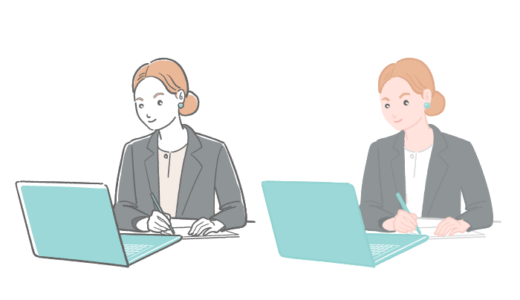 女性会社員がノートパソコンの前でメモを取っているイラスト