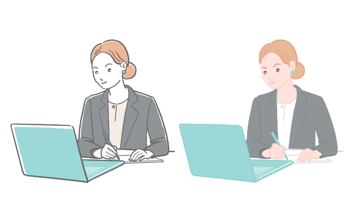 女性会社員がノートパソコンの前でメモを取っているイラスト