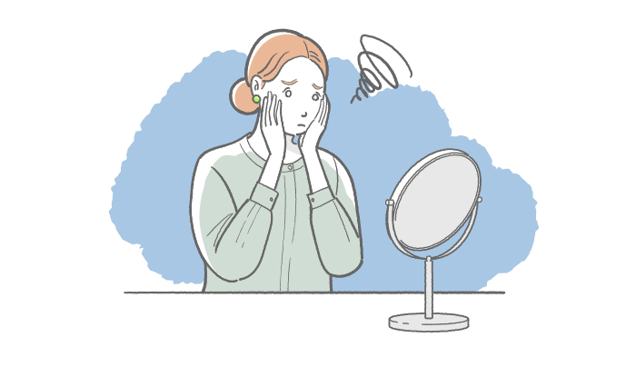 女性が鏡を見て悩んでいるイラスト