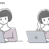 ボブヘアの女性がノートパソコンを操作しながら悩んでいるフリーイラスト