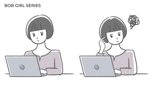 ボブヘアの女性がノートパソコンを操作しながら悩んでいるフリーイラスト