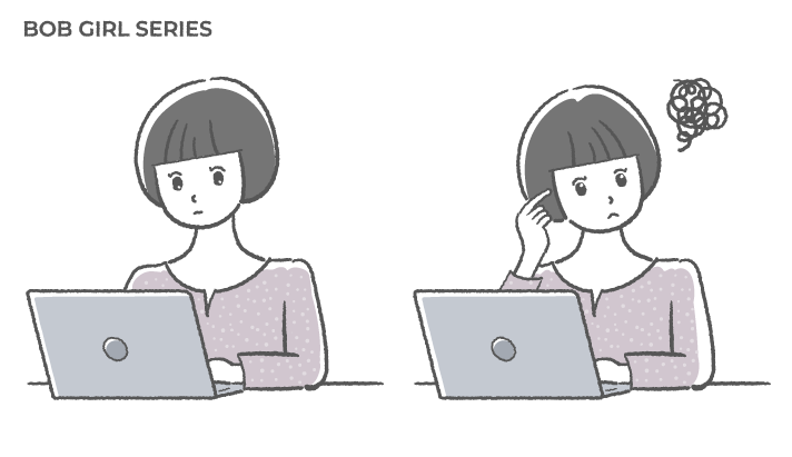 ボブヘアの女性がノートパソコンを操作しながら悩んでいるフリーイラスト