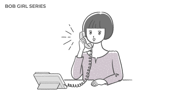 ボブヘアの女性が電話受付をしているフリーイラスト