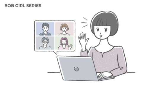 オンライン会議をしているボブヘアの女性のフリーイラスト