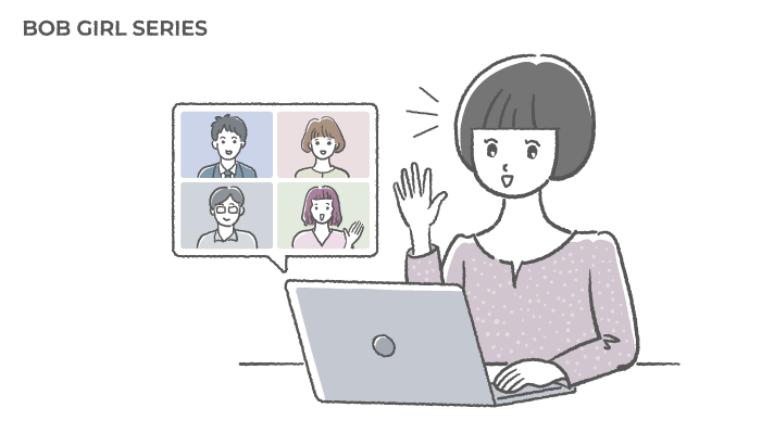 オンライン会議をしているボブヘアの女性のフリーイラスト
