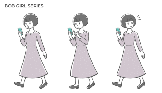 歩きながらスマートフォンを操作するボブヘアの女性のフリーイラストセット