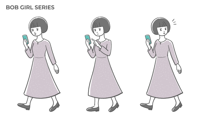 歩きながらスマートフォンを操作するボブヘアの女性のフリーイラストセット