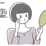 鏡を見て悩んでいるボブヘアの女性のフリーイラスト