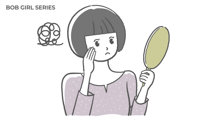 鏡を見て悩んでいるボブヘアの女性のフリーイラスト