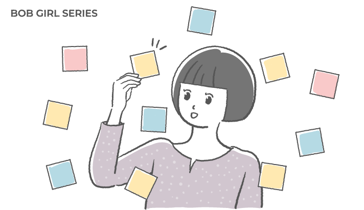 付箋を選んでいるの女性のフリーイラスト